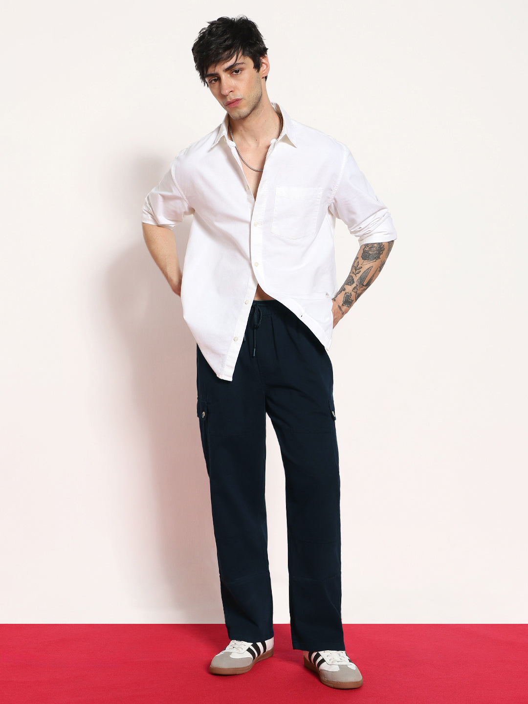 Men's Navy Loose Baggy Fit Cargo Jogger Chino Pant with 6 Pockets Stretchable