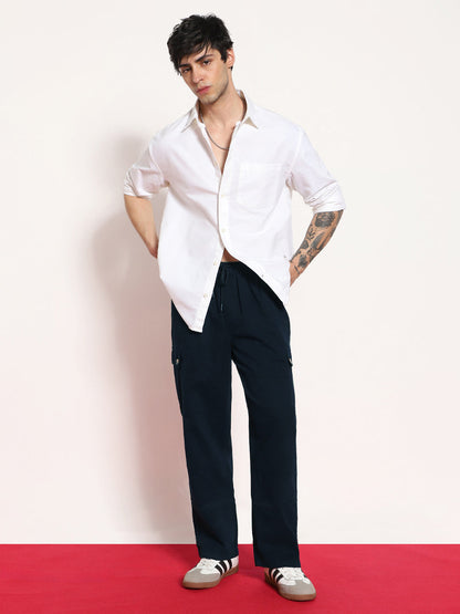 Men's Navy Loose Baggy Fit Cargo Jogger Chino Pant with 6 Pockets Stretchable