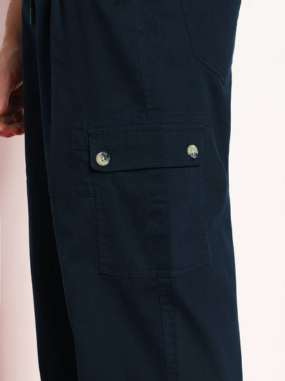 Men's Navy Loose Baggy Fit Cargo Jogger Chino Pant with 6 Pockets Stretchable