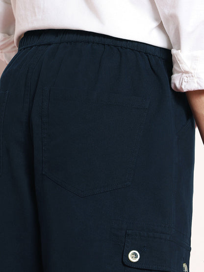 Men's Navy Loose Baggy Fit Cargo Jogger Chino Pant with 6 Pockets Stretchable
