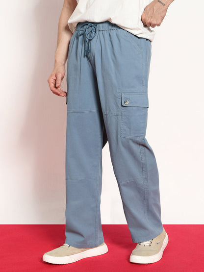 Men's Steel Blue Loose Baggy Fit Cargo Jogger Chino Pant with 6 Pockets Stretchable