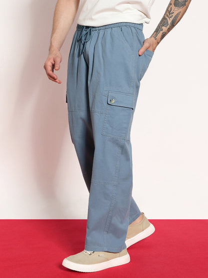 Men's Steel Blue Loose Baggy Fit Cargo Jogger Chino Pant with 6 Pockets Stretchable
