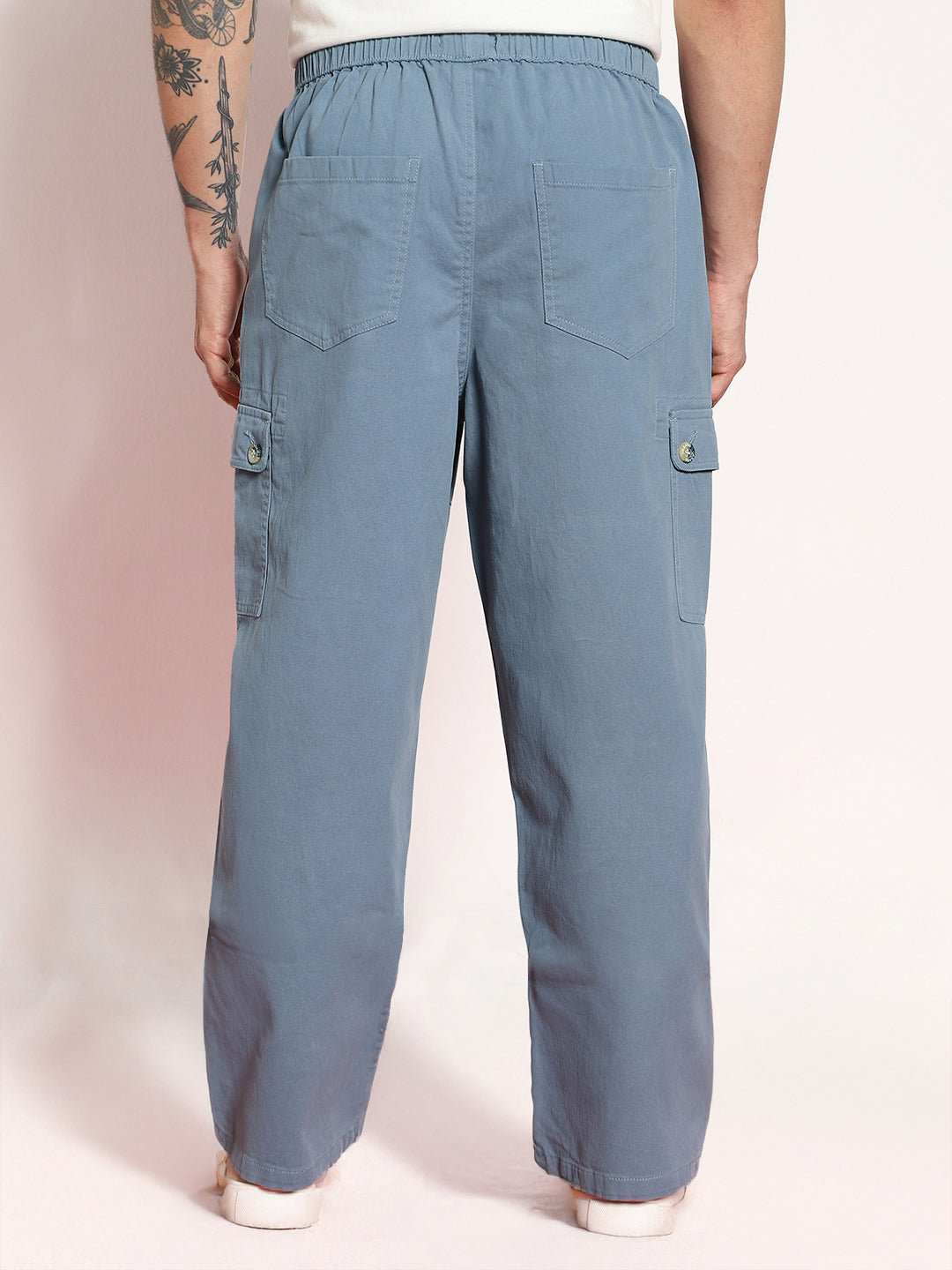 Men's Steel Blue Loose Baggy Fit Cargo Jogger Chino Pant with 6 Pockets Stretchable