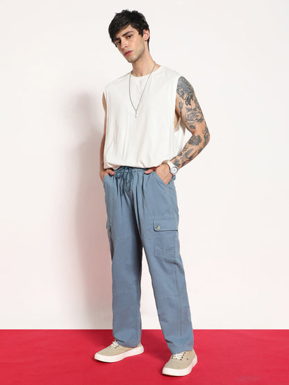 Men's Steel Blue Loose Baggy Fit Cargo Jogger Chino Pant with 6 Pockets Stretchable