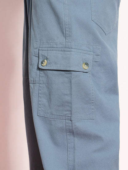 Men's Steel Blue Loose Baggy Fit Cargo Jogger Chino Pant with 6 Pockets Stretchable