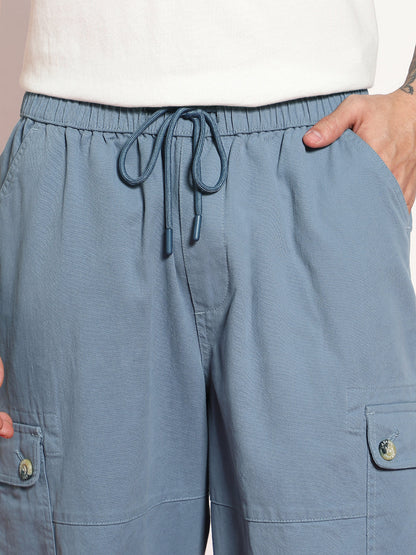 Men's Steel Blue Loose Baggy Fit Cargo Jogger Chino Pant with 6 Pockets Stretchable