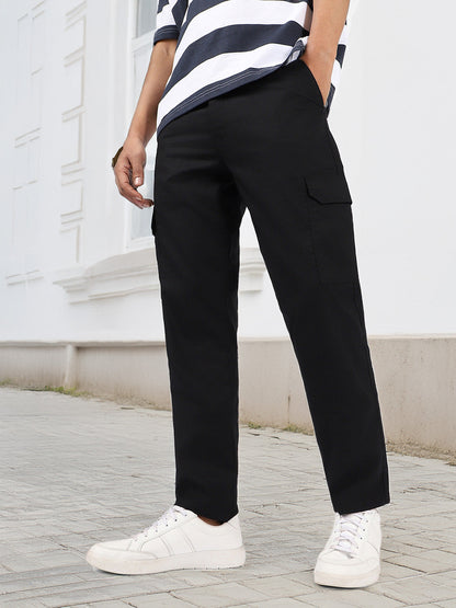 Men's Black Regular Fit Solid Cargo Chino Pant With 6 Pockets