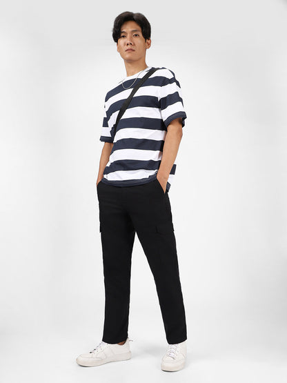 Men's Black Regular Fit Solid Cargo Chino Pant With 6 Pockets