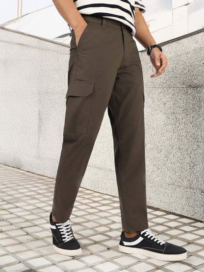 Men's Dark Olive Regular Fit Solid Cargo Chino Pant With 6 Pockets