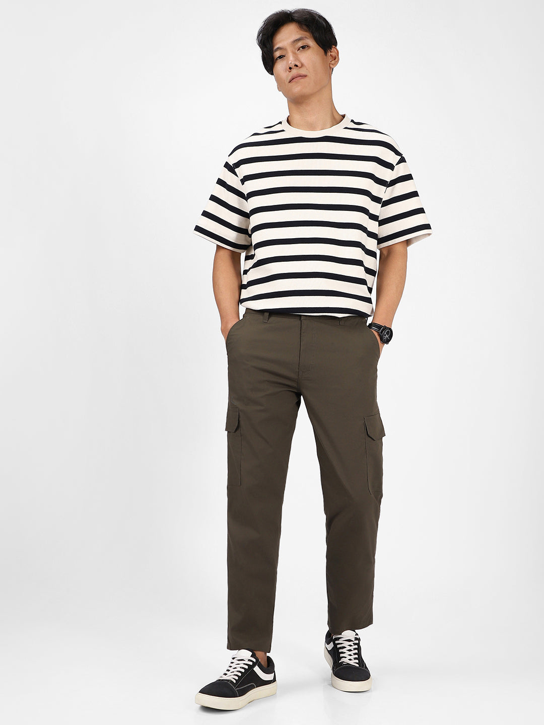 Men's Dark Olive Regular Fit Solid Cargo Chino Pant With 6 Pockets