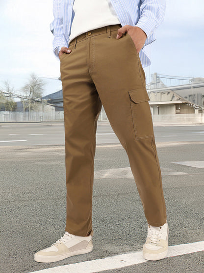 Men's Khaki Regular Fit Solid Cargo Chino Pant With 6 Pockets