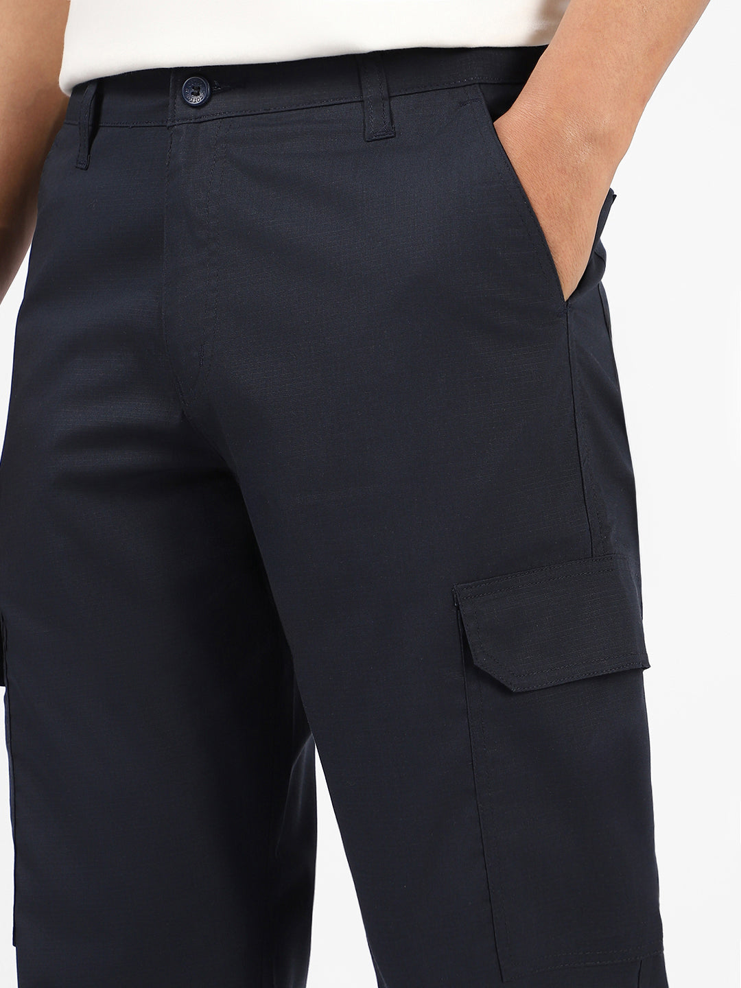 Men's Navy Blue Regular Fit Solid Cargo Chino Pant With 6 Pockets