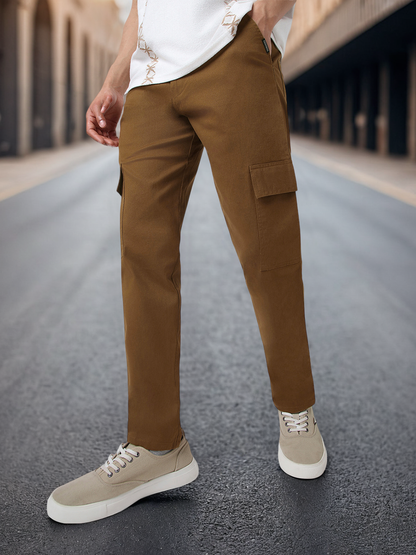 Urbano Fashion Men's Brown Regular Fit Solid Cargo Chino Pant with 6 Pockets Stretchable