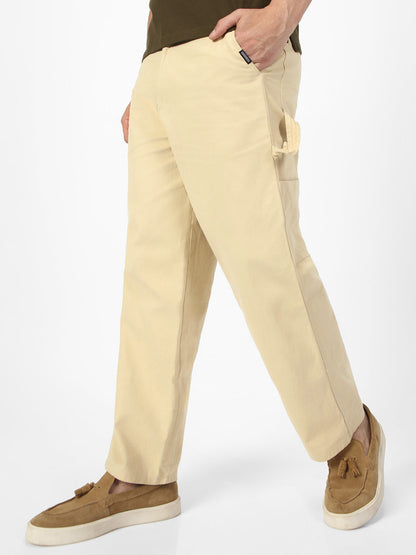Men's Beige Loose Baggy Fit Solid Carpenter Trouser Pant with 5 Pockets Non-Stretchable