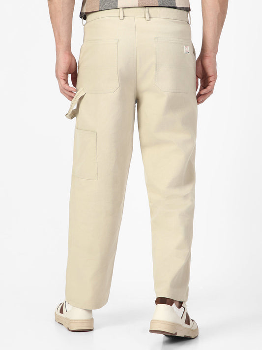 Men's Cream Loose Baggy Fit Solid Carpenter Trouser Pant with 5 Pockets Non-Stretchable
