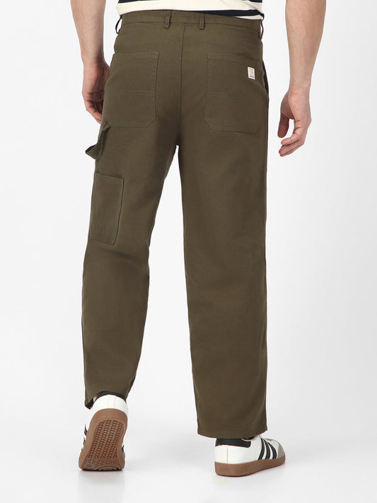 Men's Olive Loose Baggy Fit Solid Carpenter Trouser Pant with 5 Pockets Non-Stretchable