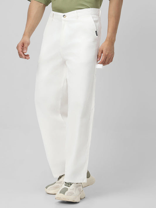 Men's White Loose Baggy Fit Solid Carpenter Trouser Pant with 5 Pockets Non-Stretchable