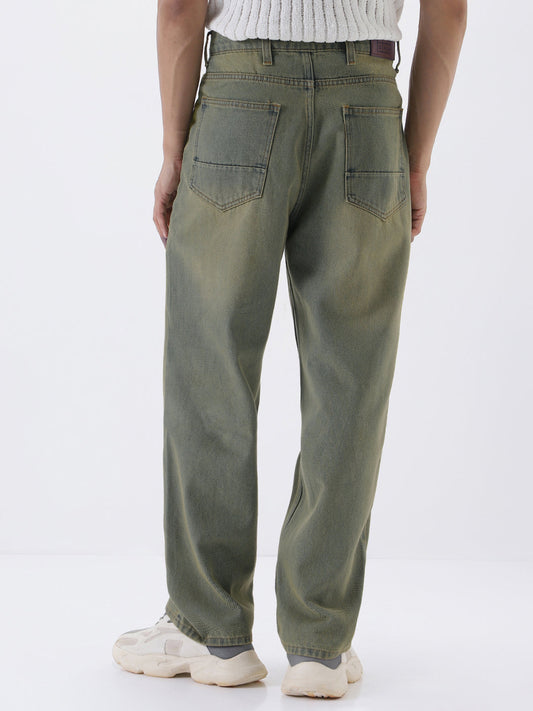 Men's Light Grey Loose Baggy Fit Heavy Washed Jeans Non-Stretchable