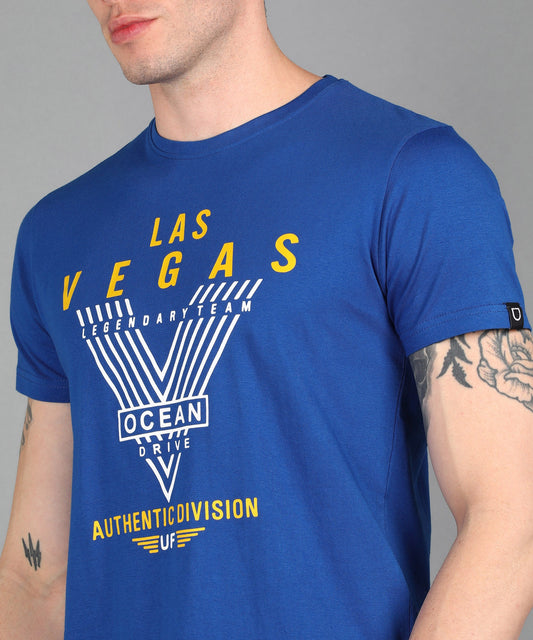 Urbano Fashion Men's Royal Blue Graphic Printed Round Neck Half Sleeve Slim Fit Cotton T-Shirt