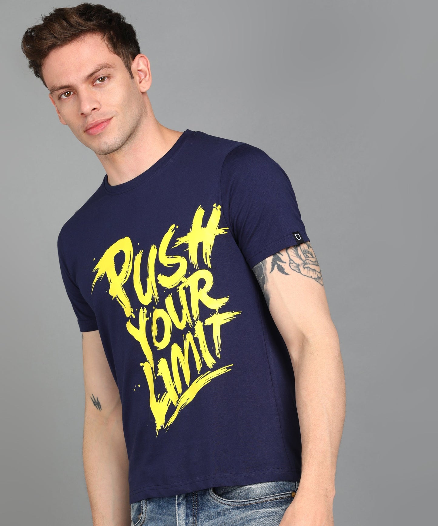 Urbano Fashion Men's Dark Blue Graphic Printed Round Neck Half Sleeve Slim Fit Cotton T-Shirt
