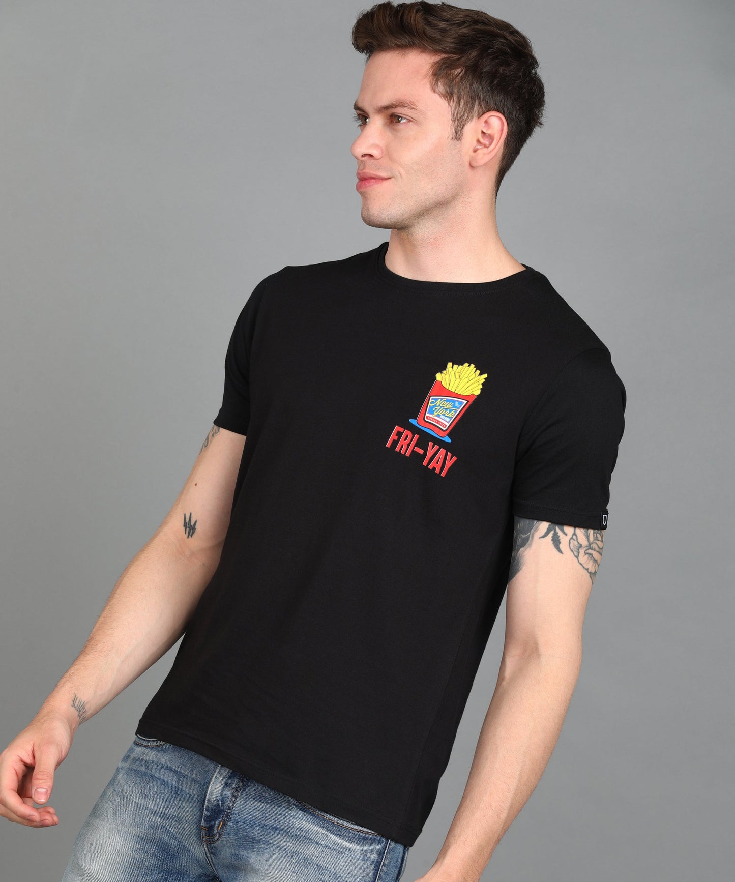 Fashion Men's Black Graphic Printed Round Neck Half Sleeve Slim Fit Cotton T-Shirt