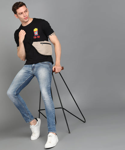 Fashion Men's Black Graphic Printed Round Neck Half Sleeve Slim Fit Cotton T-Shirt