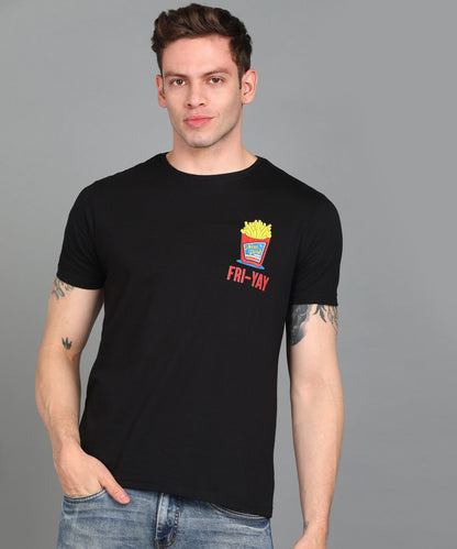 Fashion Men's Black Graphic Printed Round Neck Half Sleeve Slim Fit Cotton T-Shirt