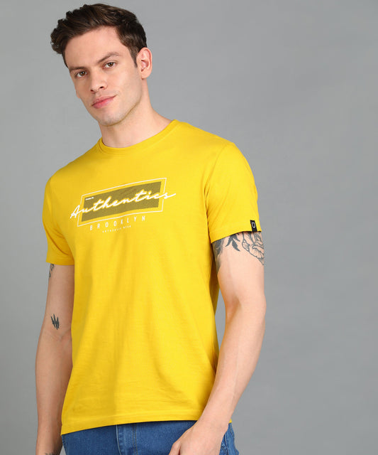 Urbano Fashion Men's Yellow Graphic Printed Round Neck Half Sleeve Slim Fit Cotton T-Shirt