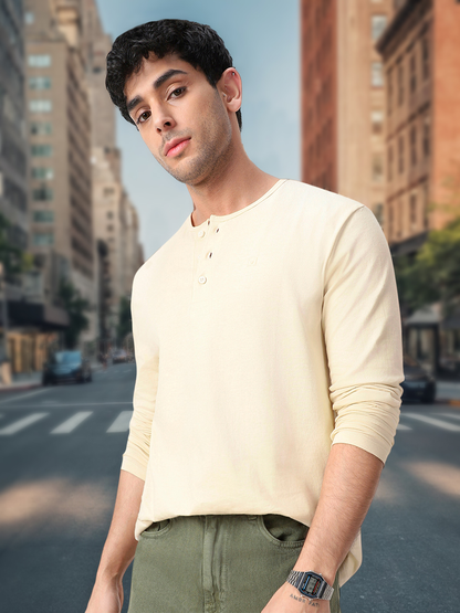 Men's Cloud Cream Solid Henley Neck Slim Fit Full Sleeve Cotton T-Shirt