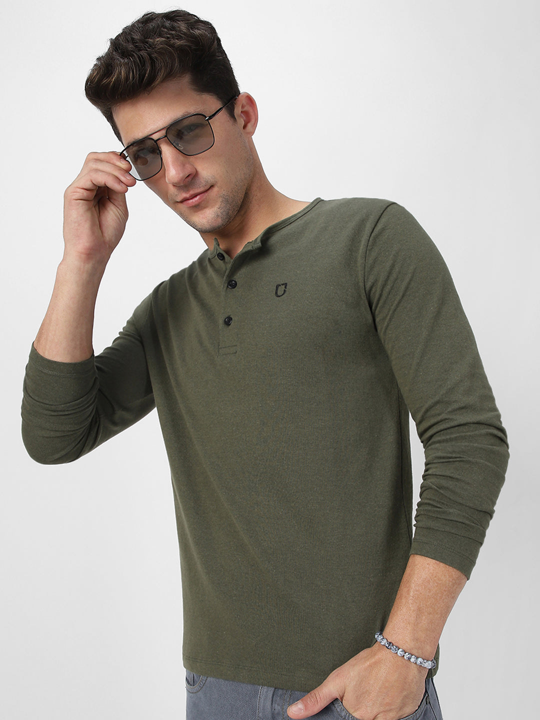 Men's Dark Olive Green Solid Henley Neck Slim Fit Full Sleeve Cotton T-Shirt