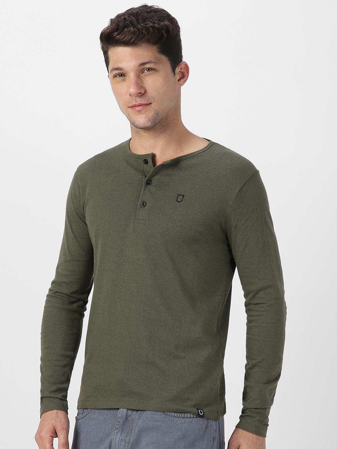 Men's Dark Olive Green Solid Henley Neck Slim Fit Full Sleeve Cotton T-Shirt
