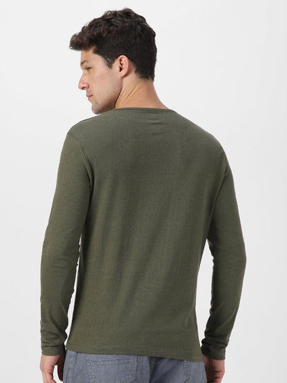 Men's Dark Olive Green Solid Henley Neck Slim Fit Full Sleeve Cotton T-Shirt