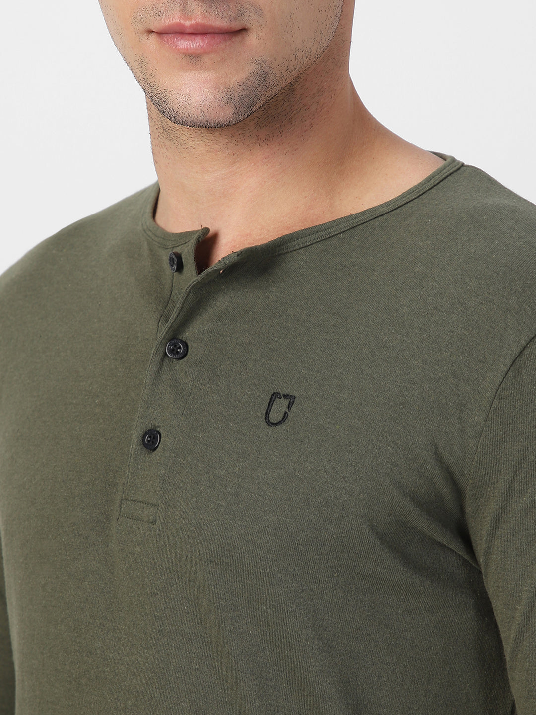 Men's Dark Olive Green Solid Henley Neck Slim Fit Full Sleeve Cotton T-Shirt