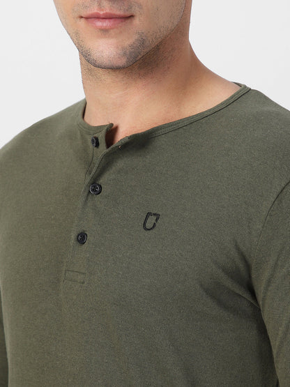 Men's Dark Olive Green Solid Henley Neck Slim Fit Full Sleeve Cotton T-Shirt