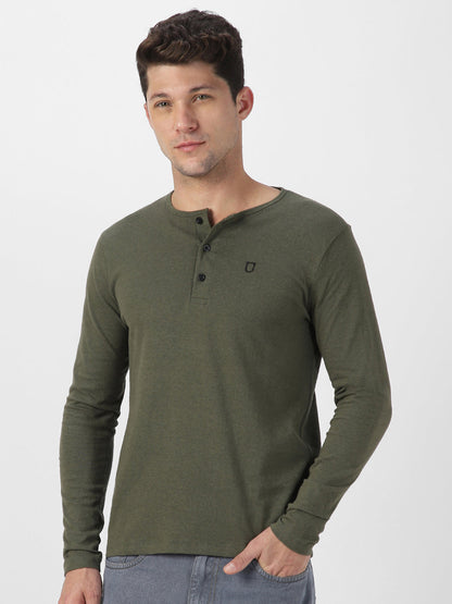 Men's Dark Olive Green Solid Henley Neck Slim Fit Full Sleeve Cotton T-Shirt