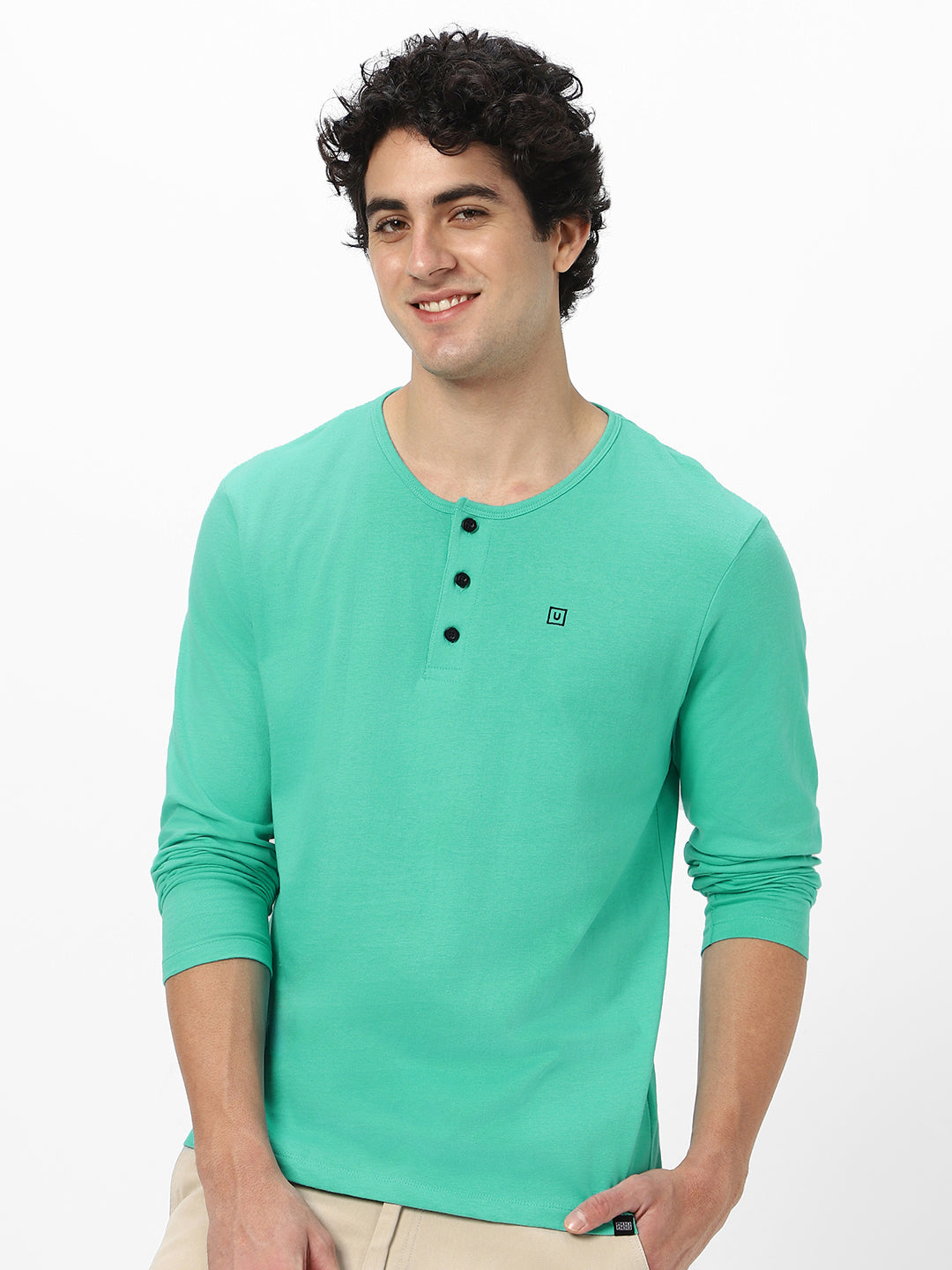 Men's Teal Green Solid Henley Neck Slim Fit Full Sleeve Cotton T-Shirt