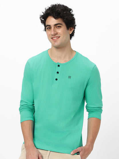 Men's Teal Green Solid Henley Neck Slim Fit Full Sleeve Cotton T-Shirt
