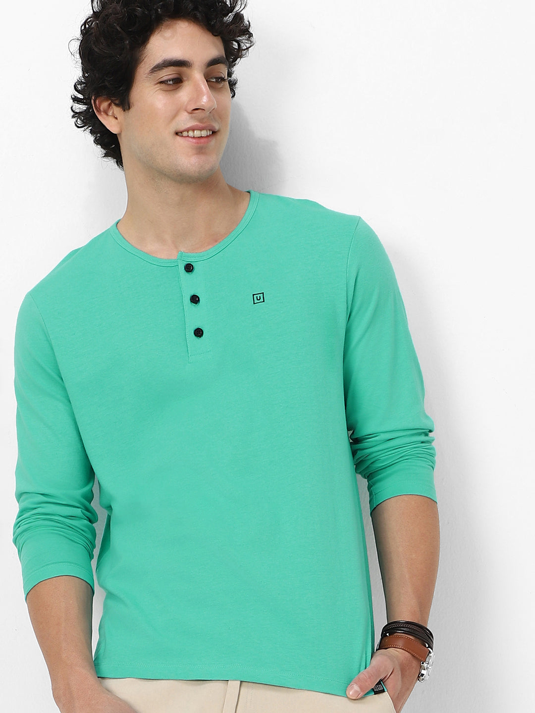 Men's Teal Green Solid Henley Neck Slim Fit Full Sleeve Cotton T-Shirt