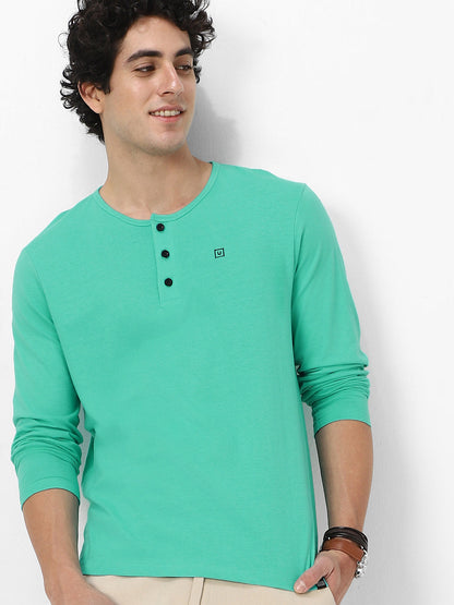 Men's Teal Green Solid Henley Neck Slim Fit Full Sleeve Cotton T-Shirt
