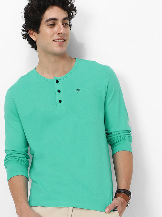 Men's Teal Green Solid Henley Neck Slim Fit Full Sleeve Cotton T-Shirt