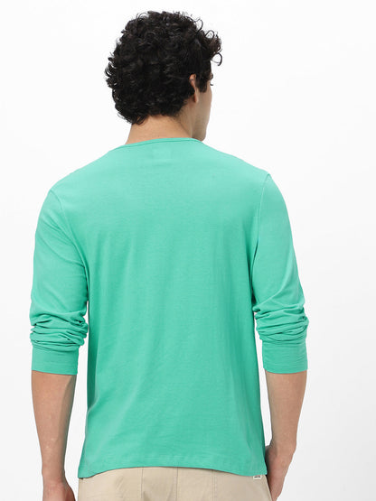 Men's Teal Green Solid Henley Neck Slim Fit Full Sleeve Cotton T-Shirt