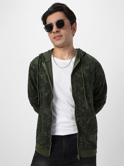 Men's Olive Green Regular Fit Printed Full Sleeve Winterwear Hooded Sweatshirt