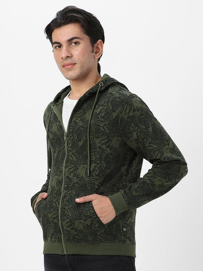 Men's Olive Green Regular Fit Printed Full Sleeve Winterwear Hooded Sweatshirt