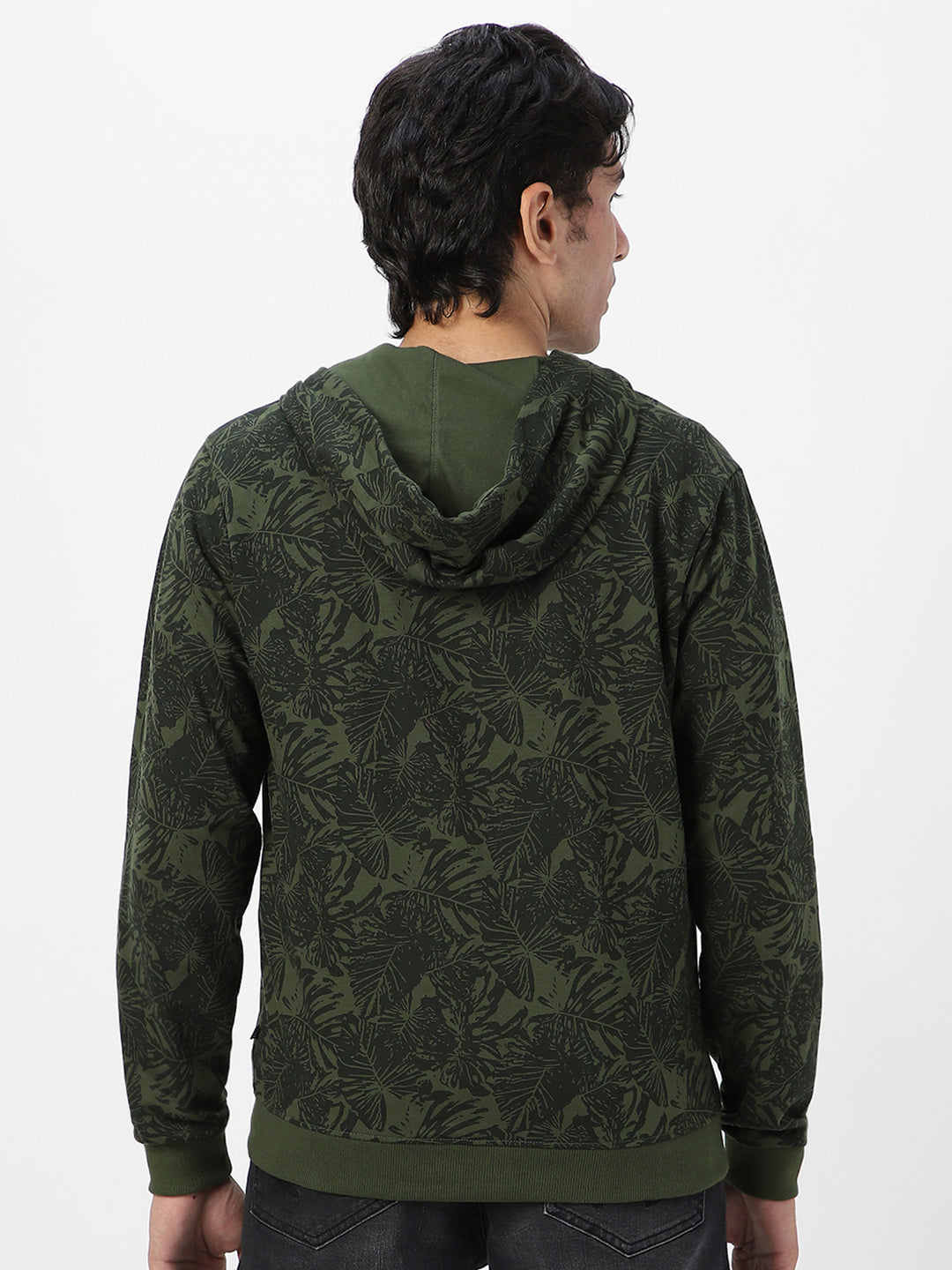 Men's Olive Green Regular Fit Printed Full Sleeve Winterwear Hooded Sweatshirt