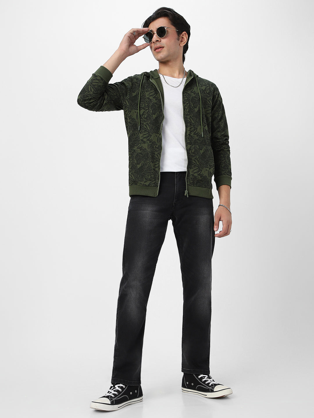 Men's Olive Green Regular Fit Printed Full Sleeve Winterwear Hooded Sweatshirt