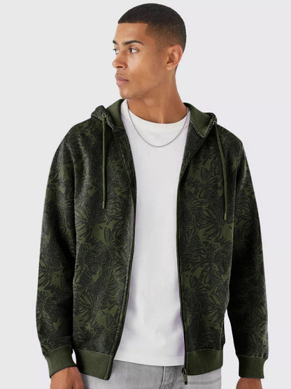 Men's Olive Green Regular Fit Printed Full Sleeve Winterwear Hooded Sweatshirt