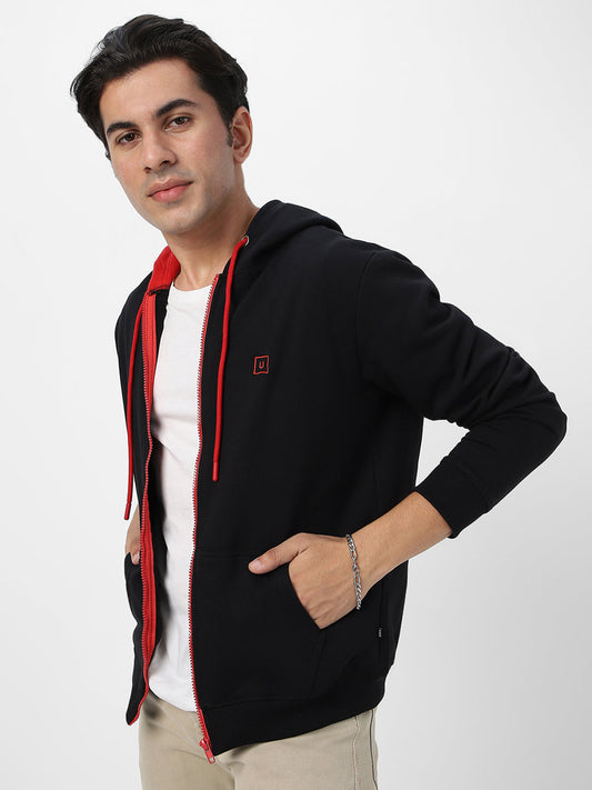 Men's Black, Red Cotton Zippered Hooded Sweatshirt
