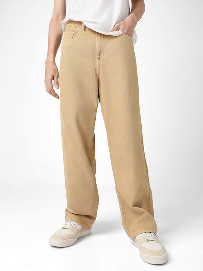 Men's Beige Loose Baggy Fit Washed Jeans Non-Stretchable