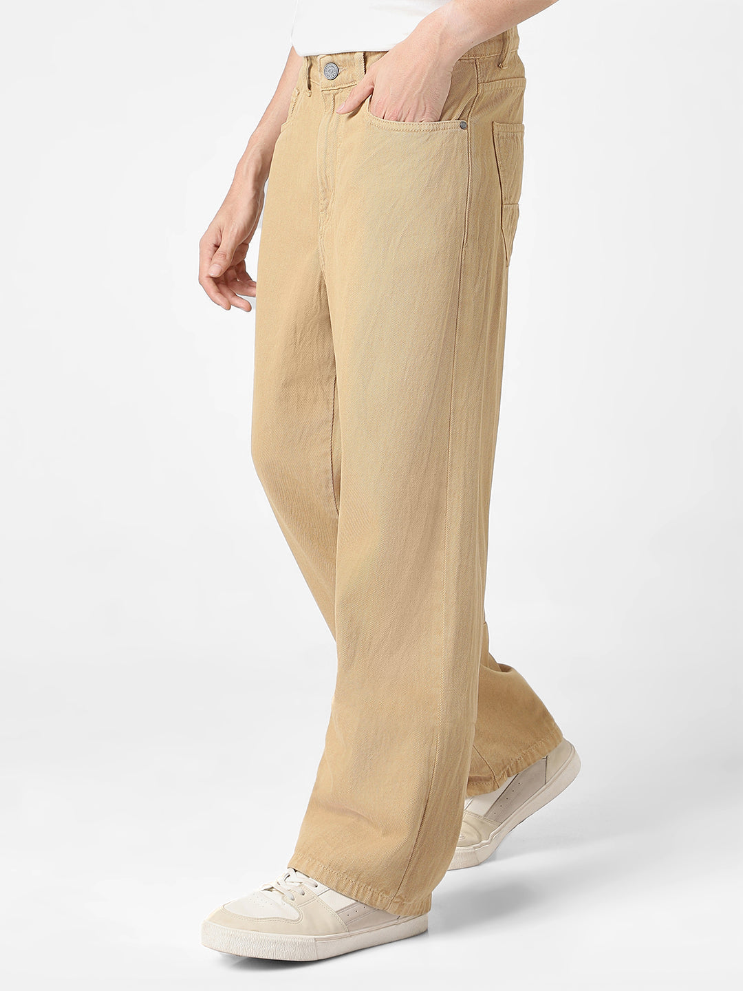 Men's Beige Loose Baggy Fit Washed Jeans Non-Stretchable