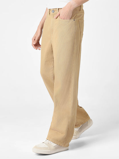 Men's Beige Loose Baggy Fit Washed Jeans Non-Stretchable